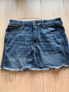American Eagle Outfitters Dark Blue Denim Mini Skirt with Frayed Hem